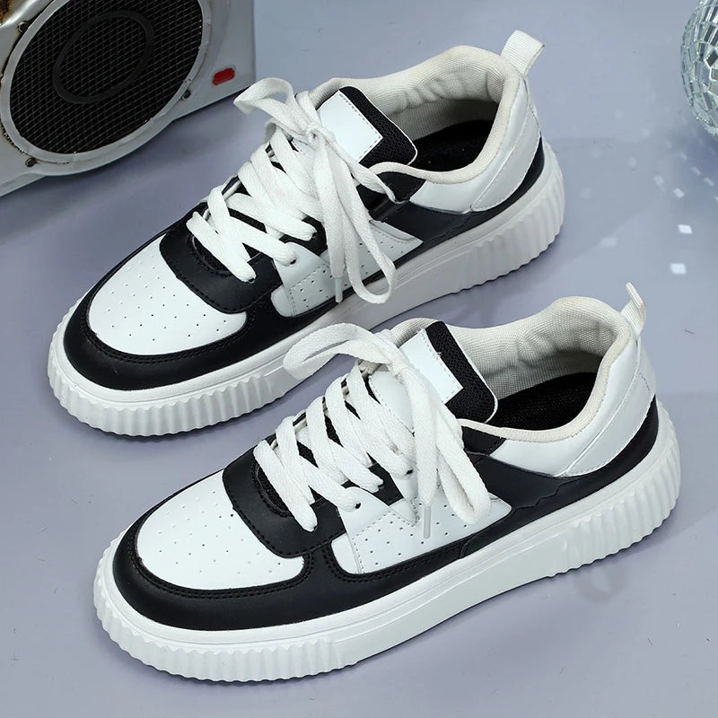 Women's Casual Lace-Up Sneakers with Thick Sole and Perforated Upper