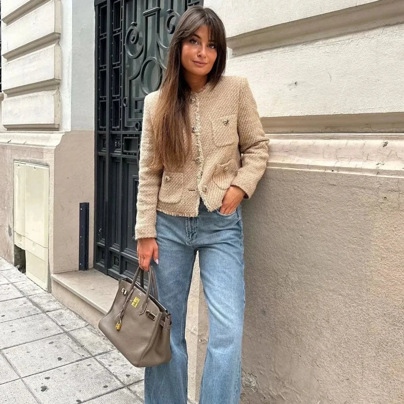 Women's Cropped Tweed Jacket with Long Sleeves and Elegant Short Coat Style