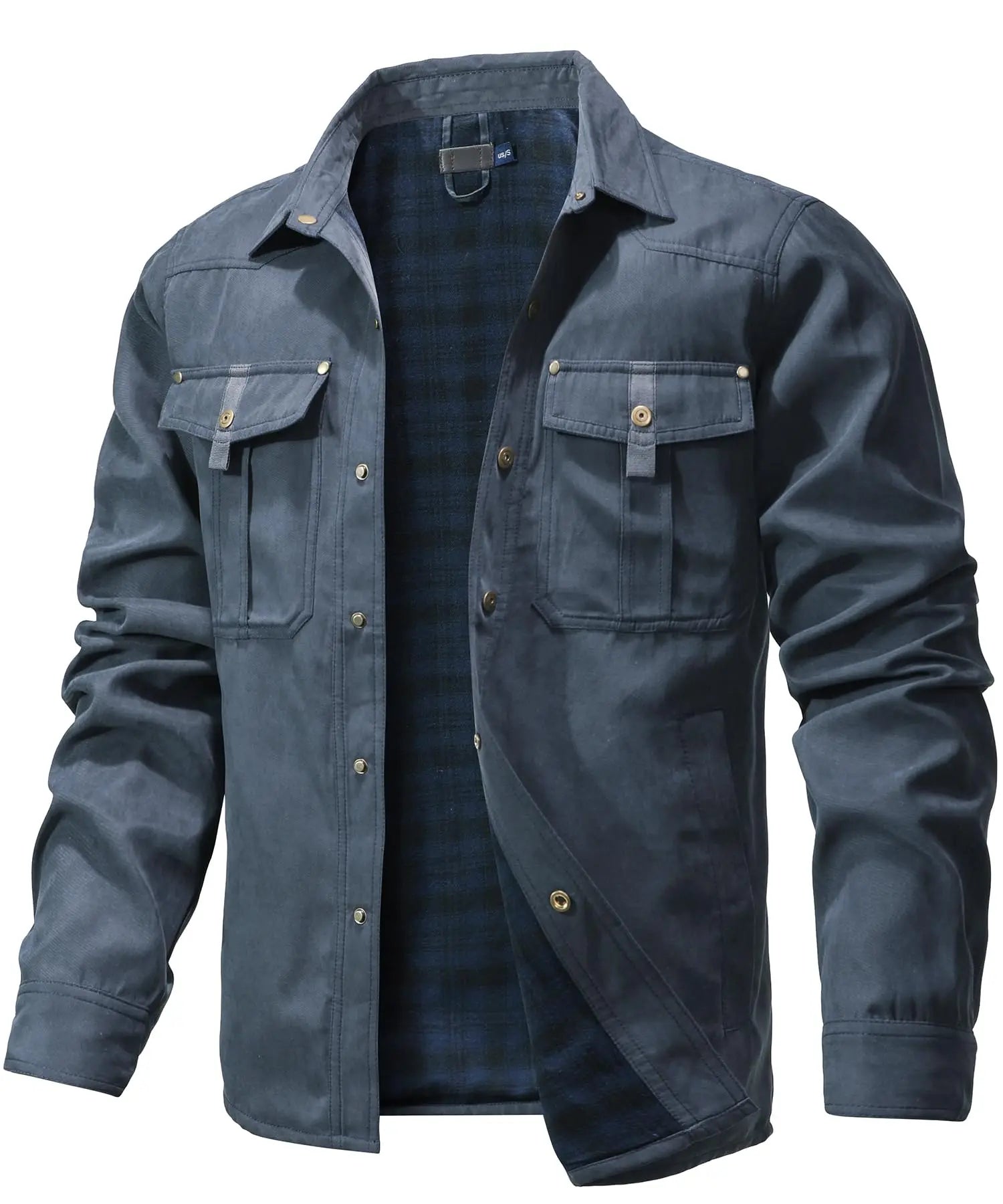 Men’s Western Overshirt Jacket with Plaid Lining and Flap Pockets