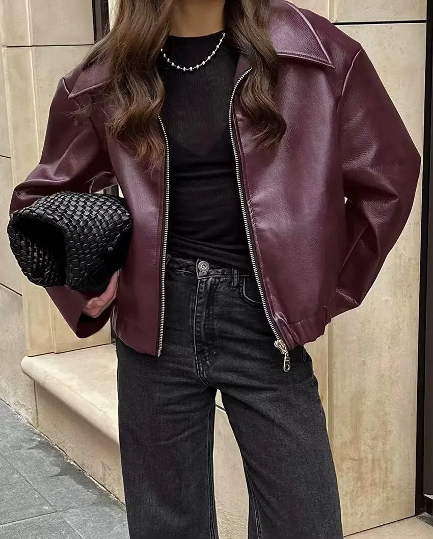 Women's Leather Jacket with Zipper Front and Classic Lapel Collar