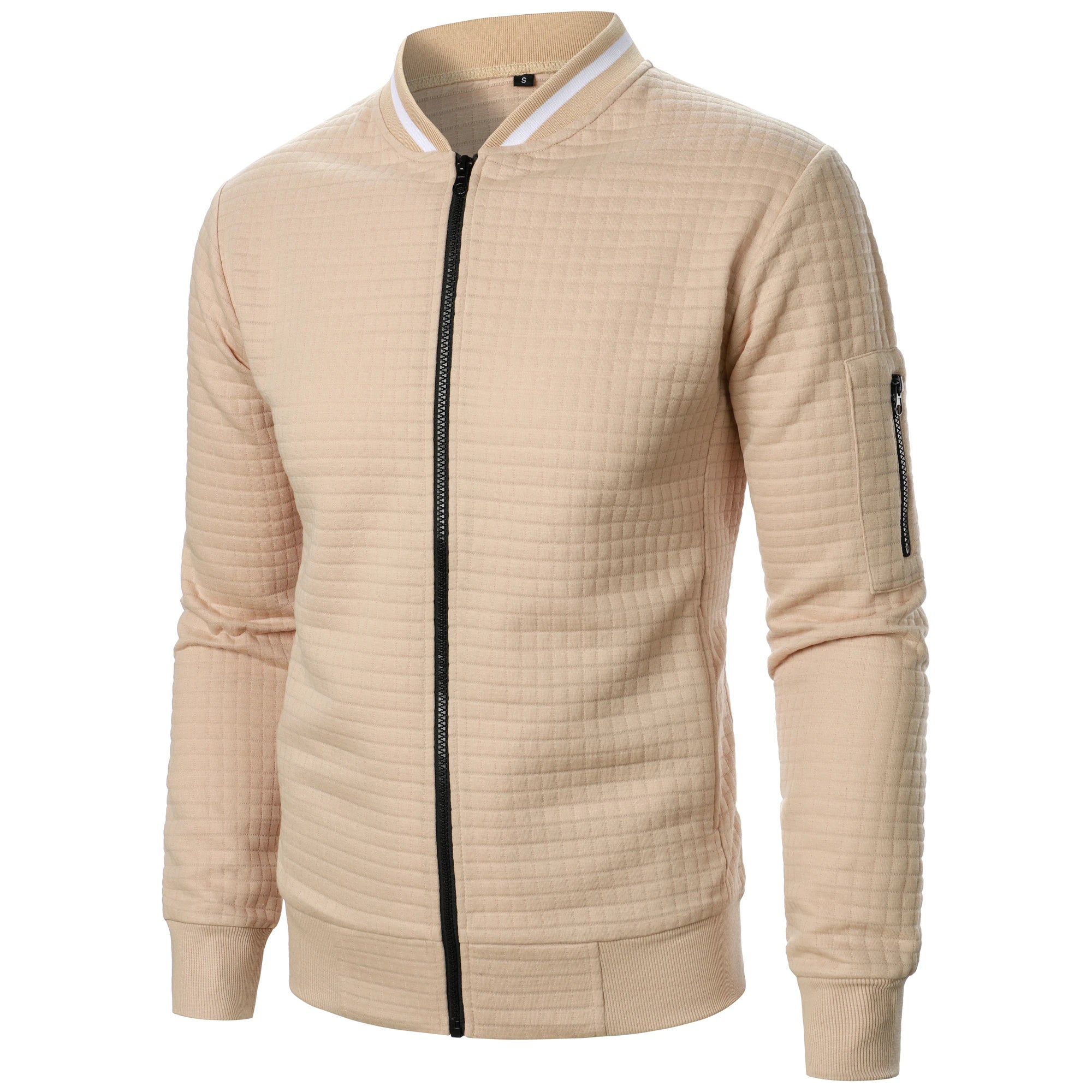 Men's Zip-Up Stand Collar Cardigan Jacket with Quilted Texture