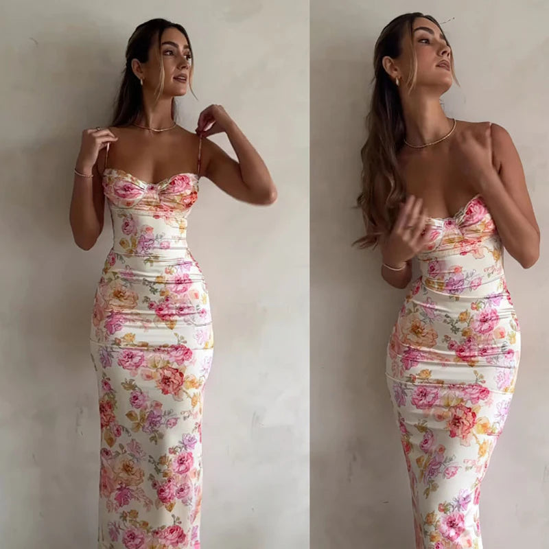 Women's Floral Spaghetti Strap Bodycon Maxi Dress