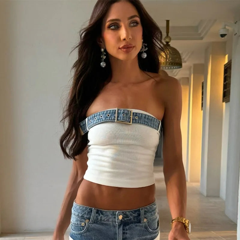 Women's Off-Shoulder Two-Piece Set Pants with Denim Waistband Detail
