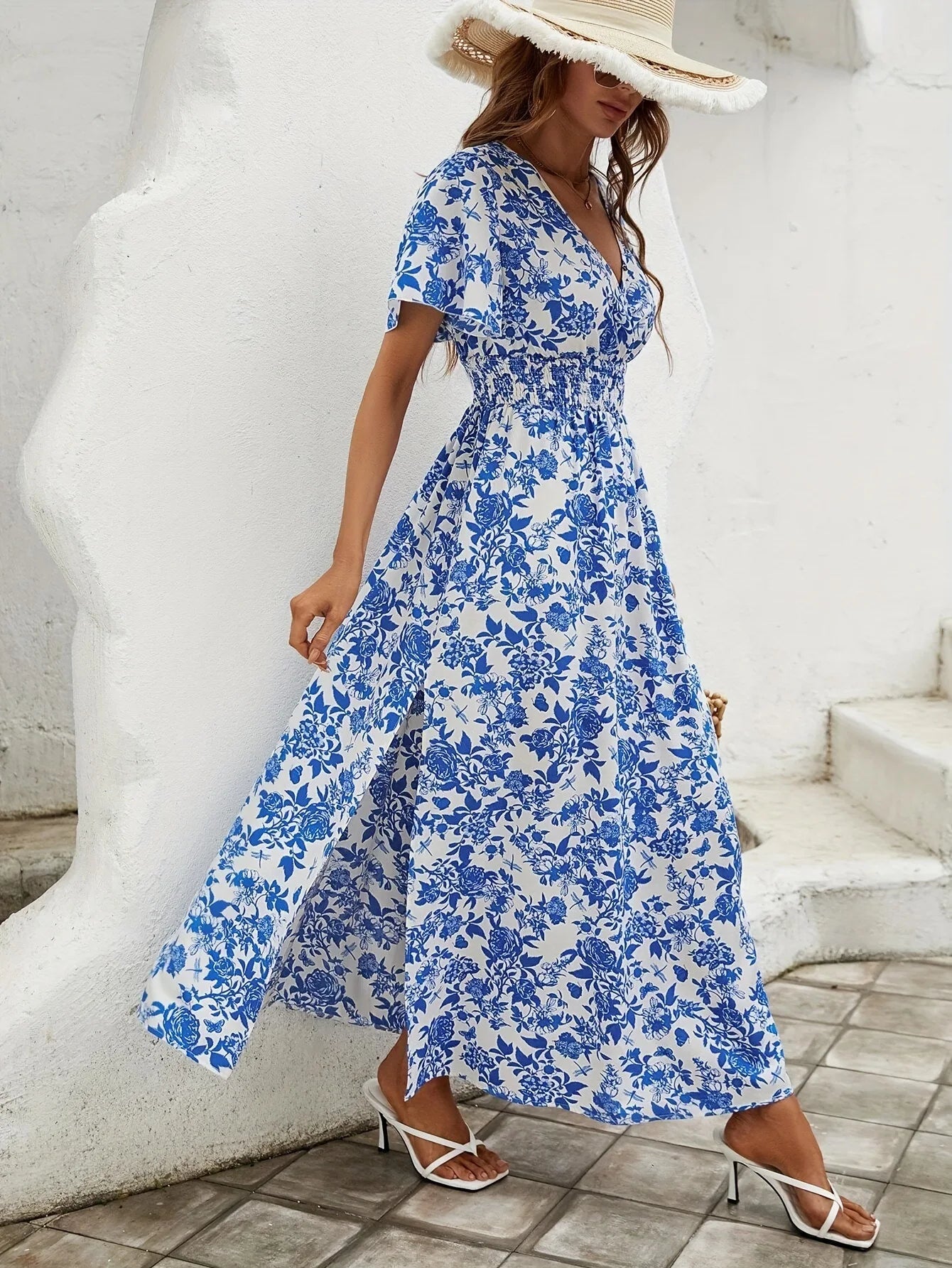 Women's Floral V-Neck Maxi Dress with Slit and Short Flutter Sleeves