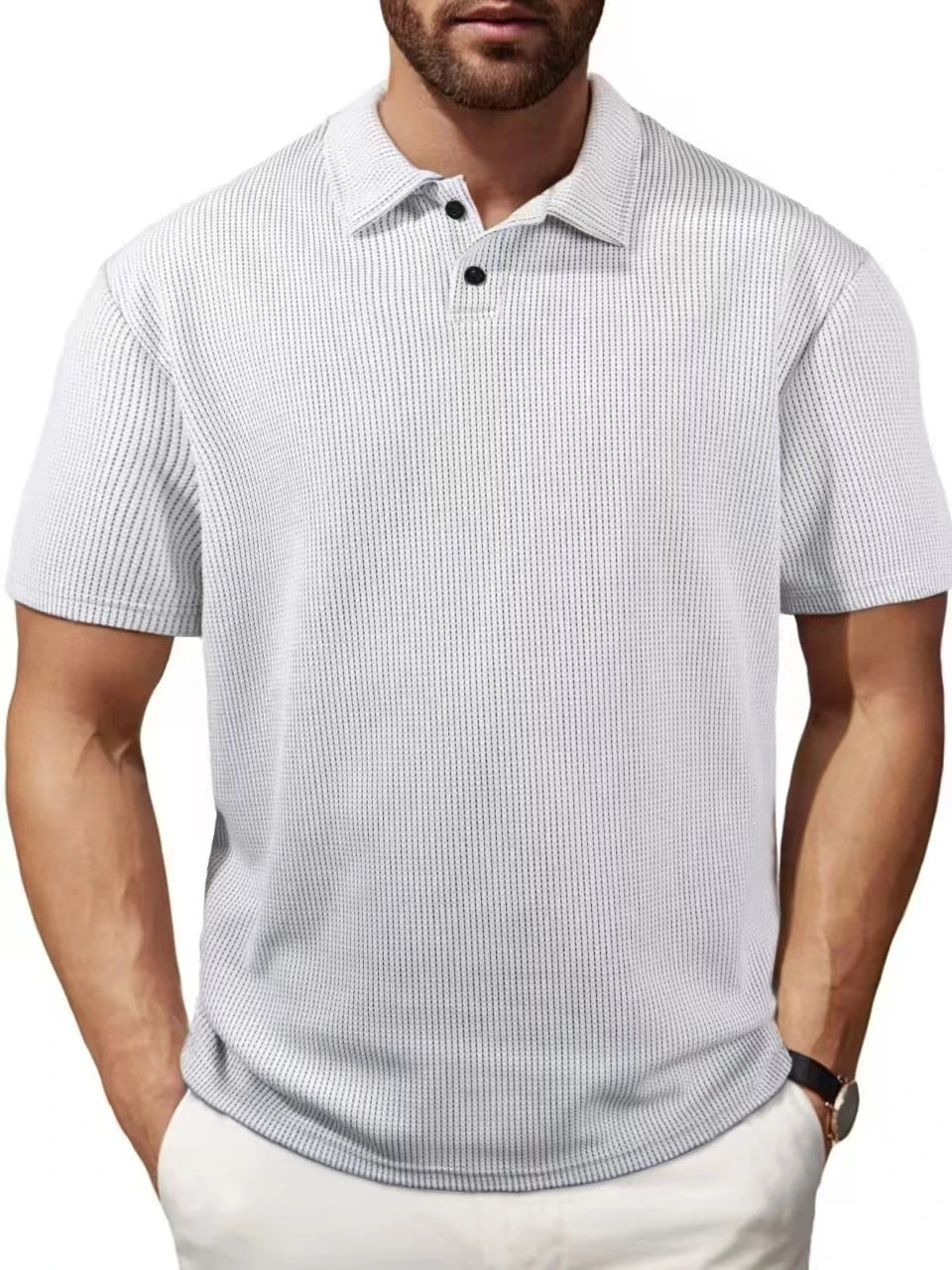 Men's Short-Sleeve Knit Polo Shirt with Breathable Textured Design