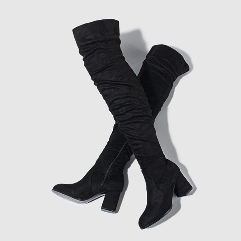 Women's Knee High Boots with Pointed Toe and Slouch Block Heel