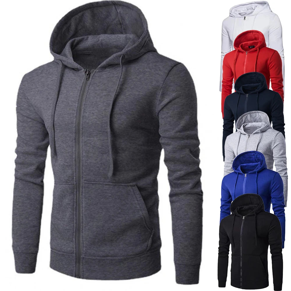 Men's Zip-Up Sport Hoodie with Drawstring Hood and Slim Fit