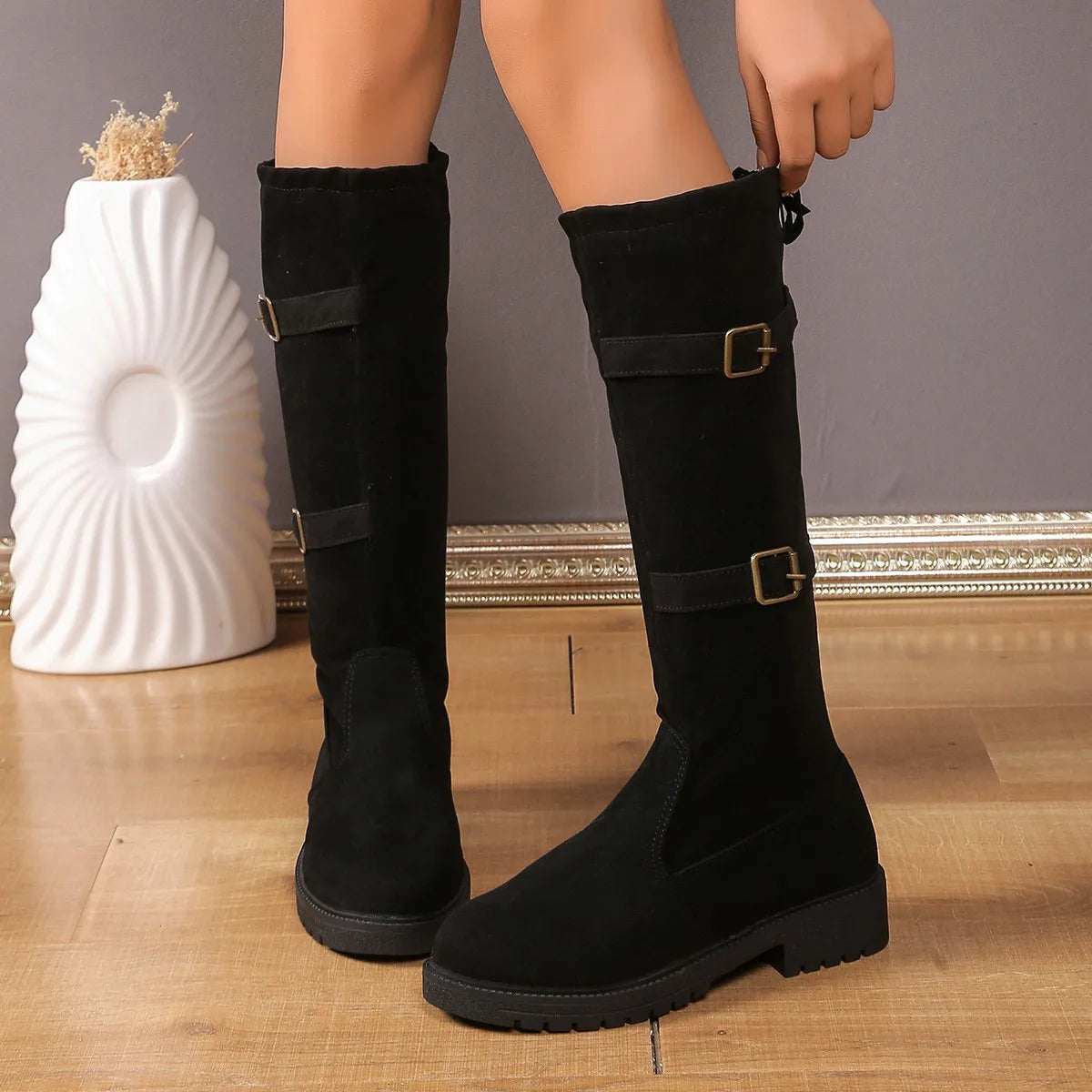 Women's Black Low Heel Knee High Boots with Classic Silhouette