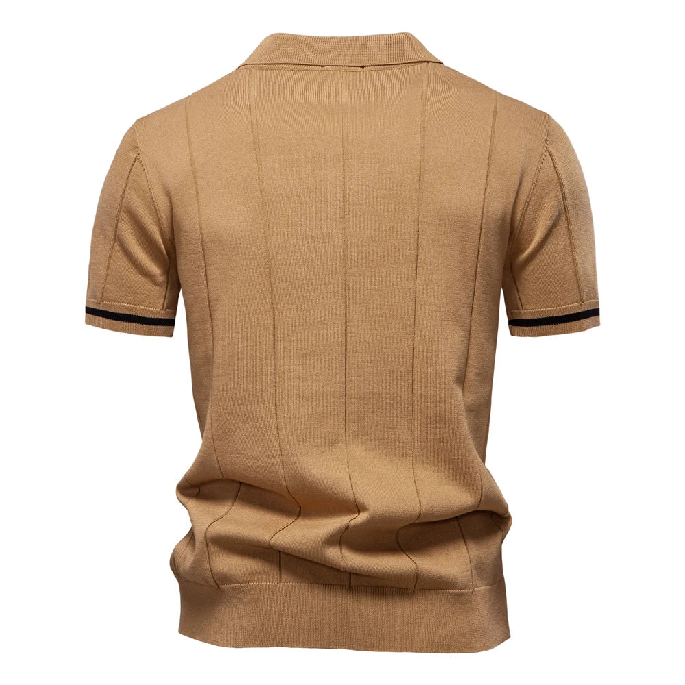 Men's Short-Sleeve Zip Polo Shirt with Contrast Trim and Slim Fit