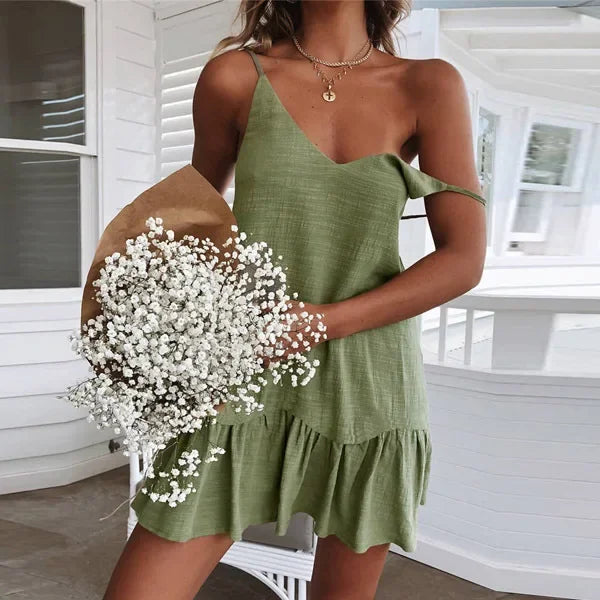 Women's Spaghetti Strap Ruffle Mini Dress with V-Neck Design