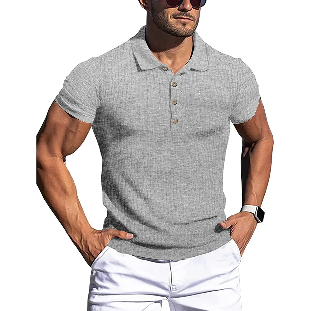Men's Ribbed Stripe Short Sleeve Polo Shirt with Stand Collar