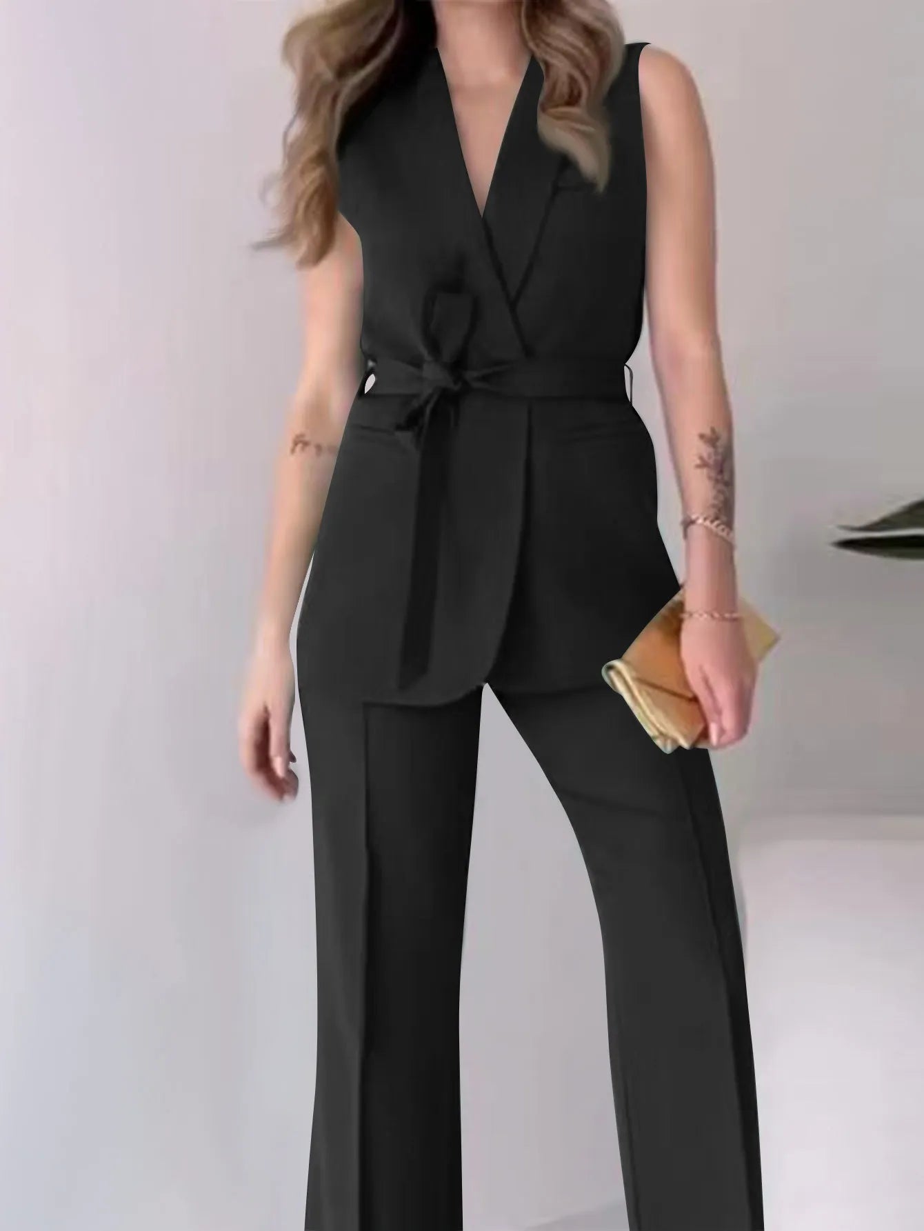 Women’s Sleeveless Two Piece Suit Set with Wrap V-Neck Top and Wide-Leg Trousers