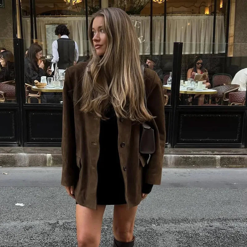 Women's Brown Blazer Jacket with Cropped Fit and Long Sleeve Design