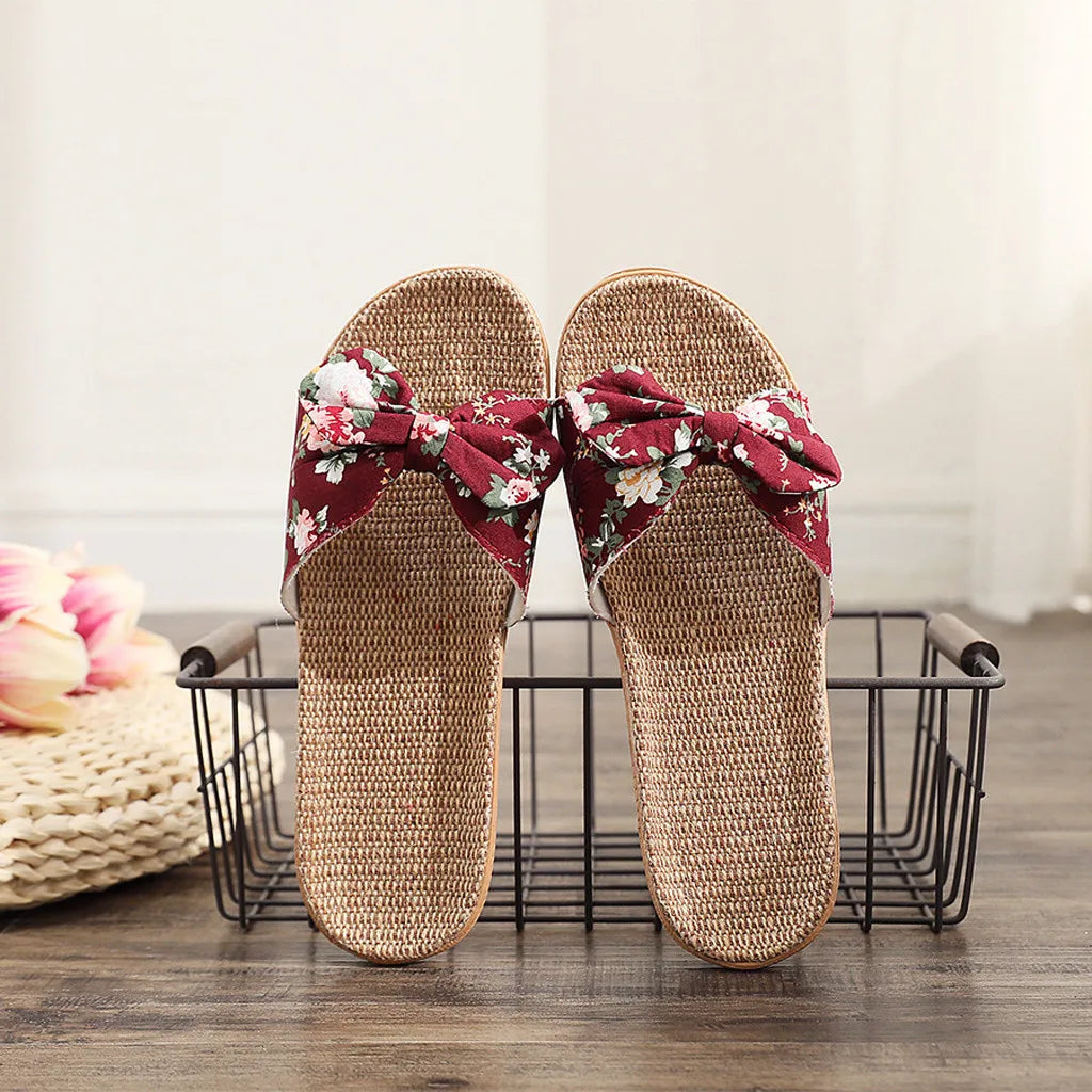 Women's Bowknot Slide Slippers with Floral Strap and Flax Sole