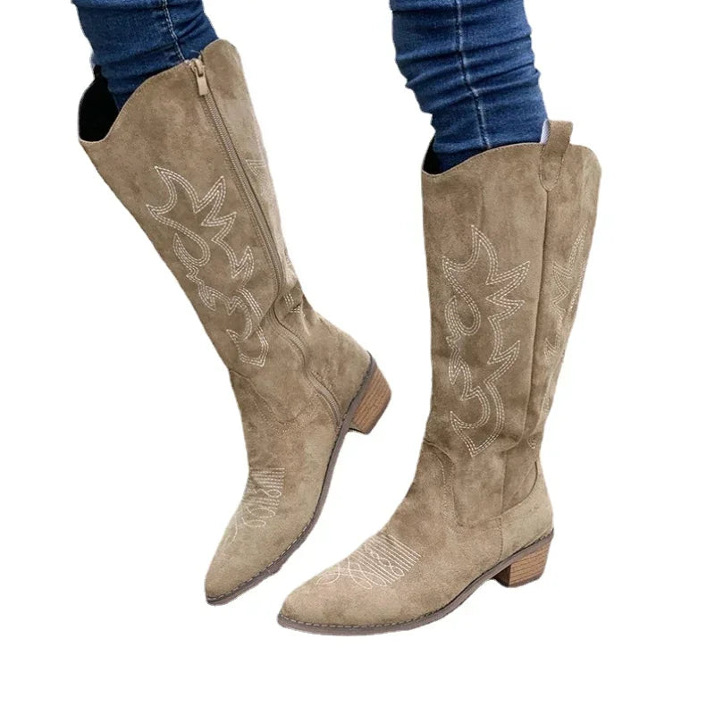 Women's Knee High Cowboy Boots with Embroidered Design and Thick Heel