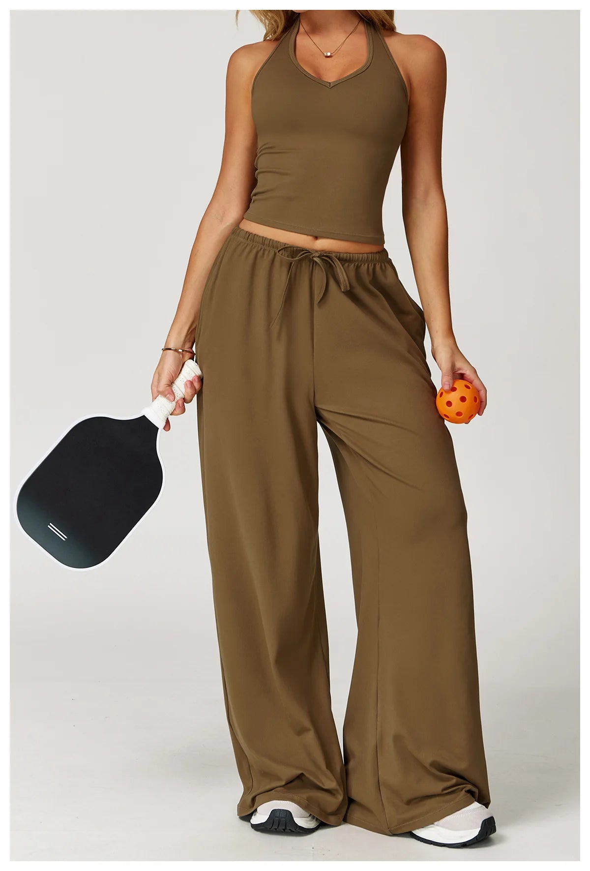 Women’s Two-Piece Lounge Set with Racerback Crop Top and Wide-Leg Pants