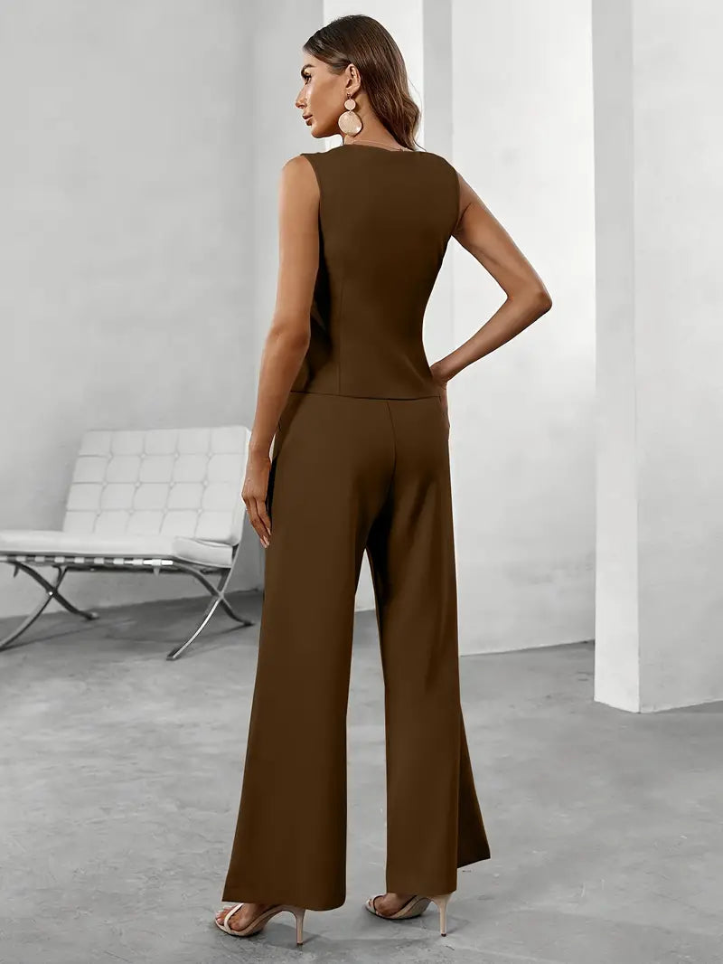 Women's Sleeveless Blazer Top and Wide-Leg Pants Set