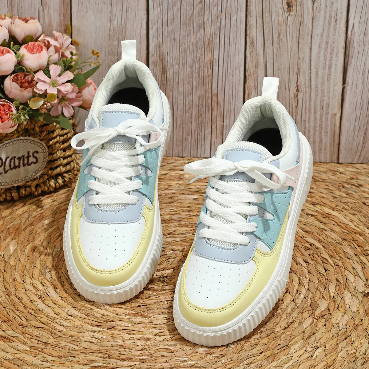 Women's Casual Lace-Up Sneakers with Thick Sole and Perforated Upper