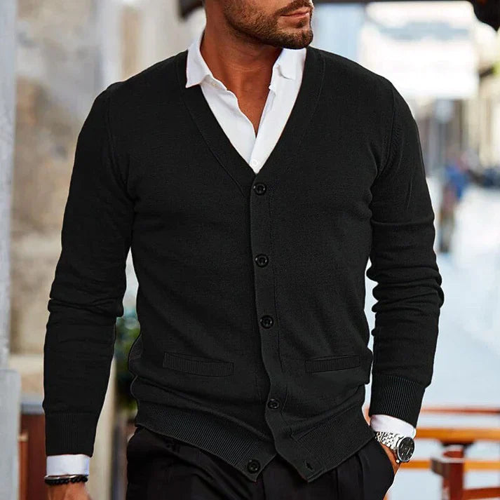 Men's Slim-Fit V-Neck Cardigan with Button Front and Pockets