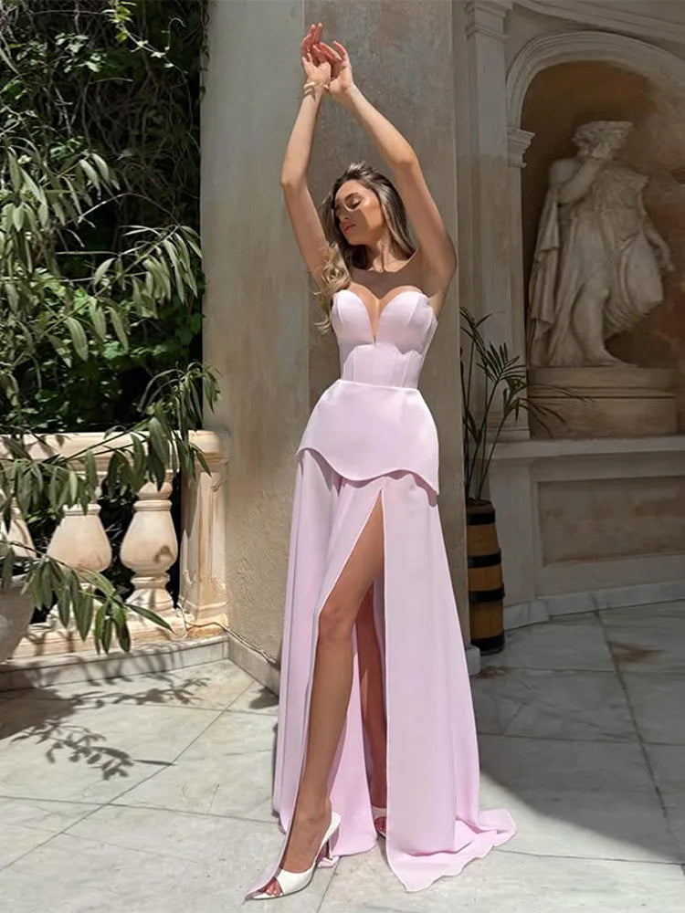 Women's Strapless Maxi Wedding Guest Dress with High Slit and Corset Bodice