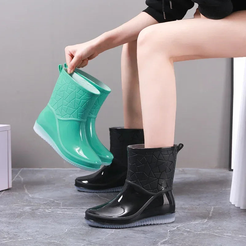 Women’s Mid-Calf Waterproof Rain Boots with Non-Slip Lightweight Sole