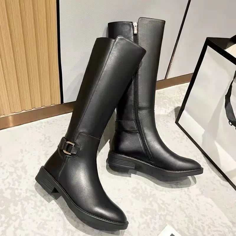 Women's Black Knee High Boots with Metal Buckle and Side Zip