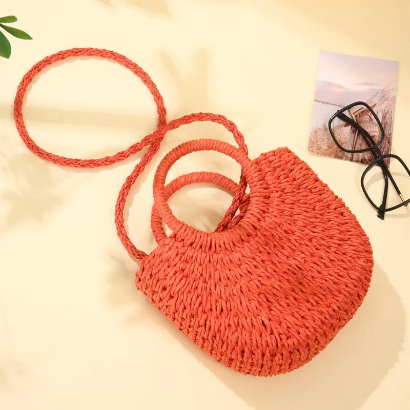 Women's Straw Crossbody Bag with Half-Moon Shape and Top Handles
