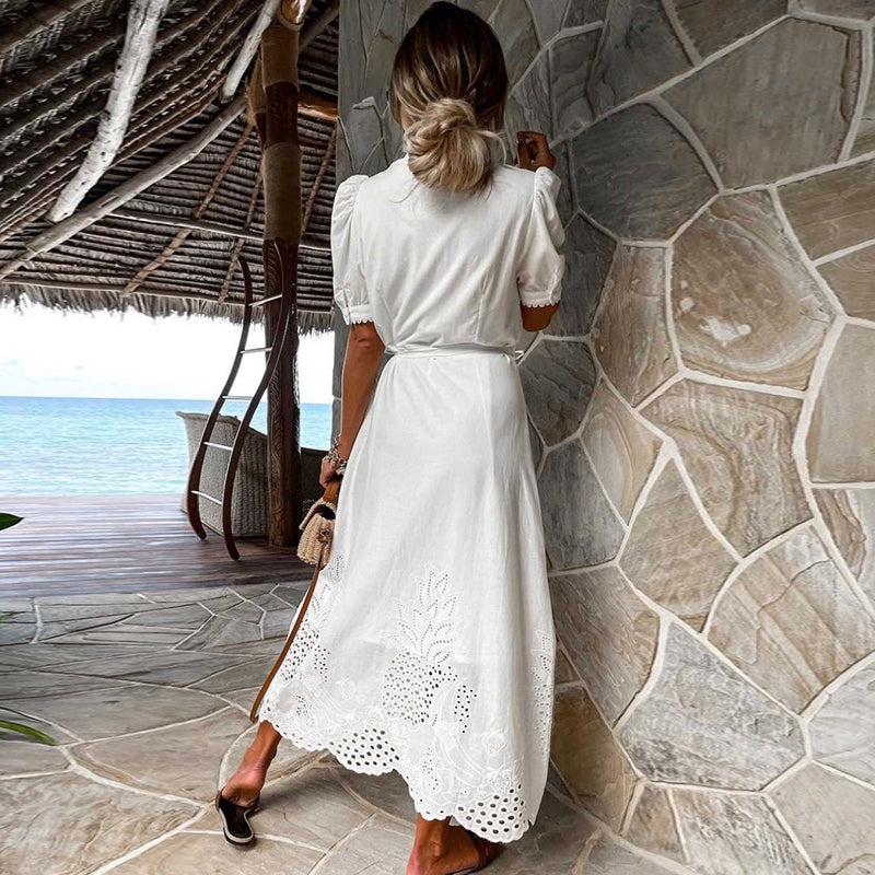 Women's Embroidered Maxi Dress with Puff Sleeves and Waist Tie