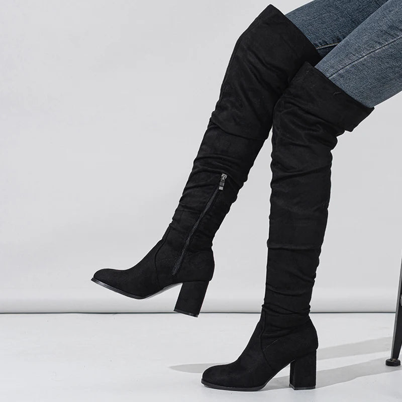Women's Knee High Boots with Pointed Toe and Slouch Block Heel
