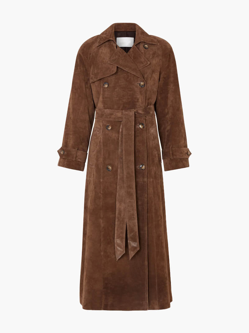 Women's Long Trench Coat with Belted Waist and Lapel Collar