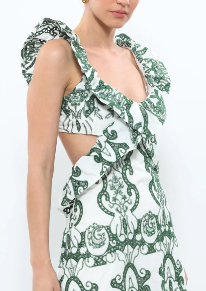 Women's Ruffled Backless Maxi Dress with Vintage-Inspired Print