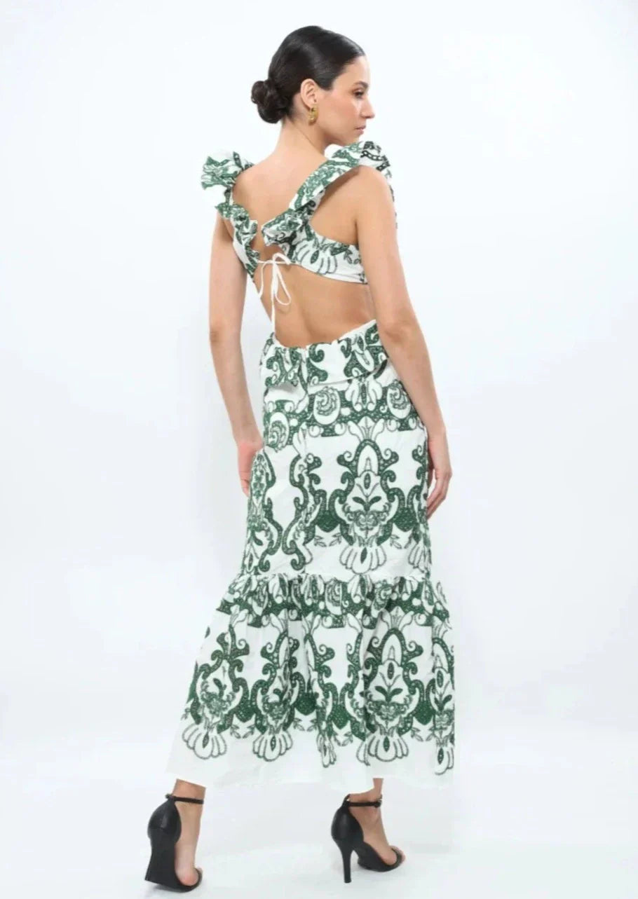 Women's Ruffled Backless Maxi Dress with Vintage-Inspired Print