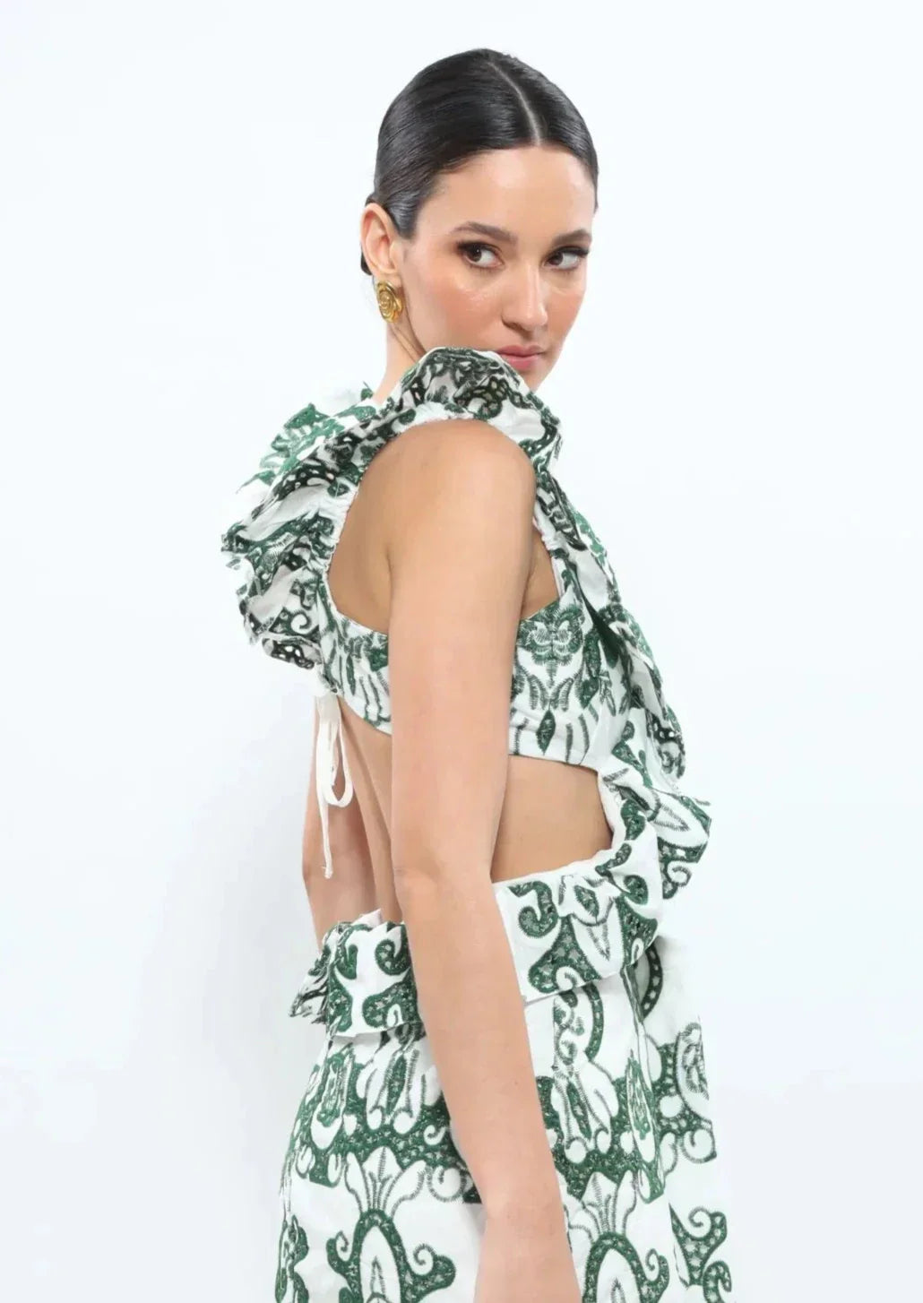 Women's Ruffled Backless Maxi Dress with Vintage-Inspired Print