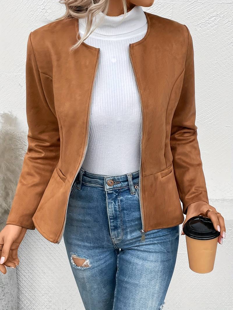 Women's Zip-Up Crew Neck Jacket with Long Sleeves and Pockets