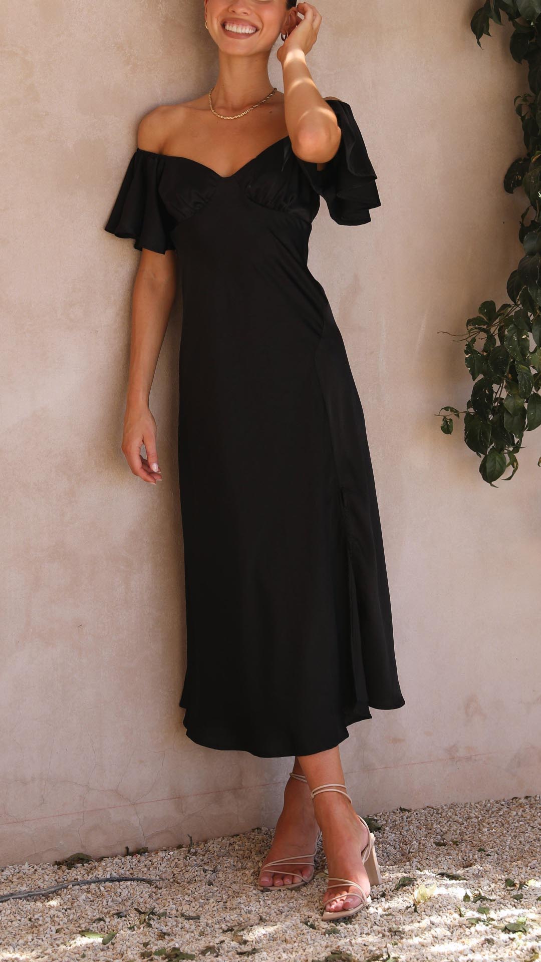 Women's Off-Shoulder Maxi Dress with Ruched Bust and Side Slit