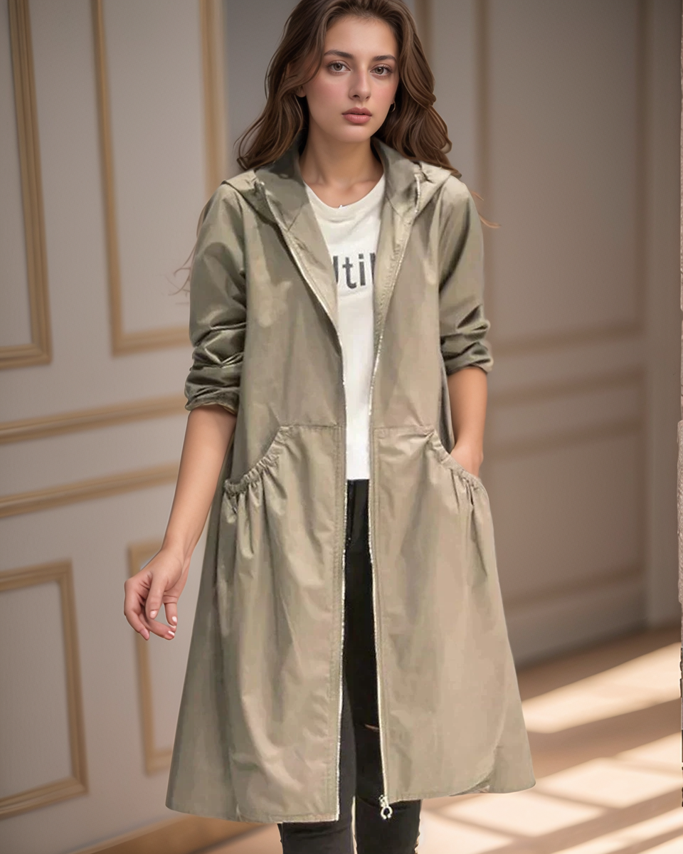 Women's Long Waterproof Weatherproof Hooded Raincoat with Zip