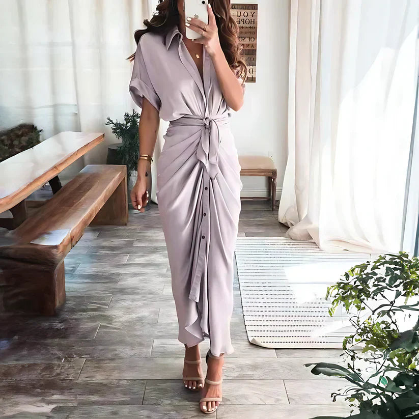 Women's Ruched Shirt Maxi Dress with Tie Waist and Button Front