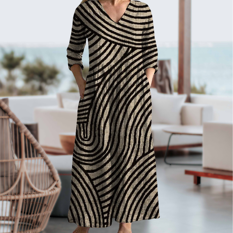 Women's Vintage Striped Dress with V-Neckline