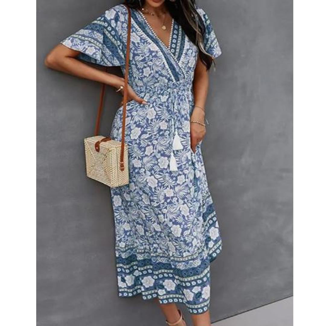 Women's Floral Maxi Dress with Pockets and Tassel Waist Tie
