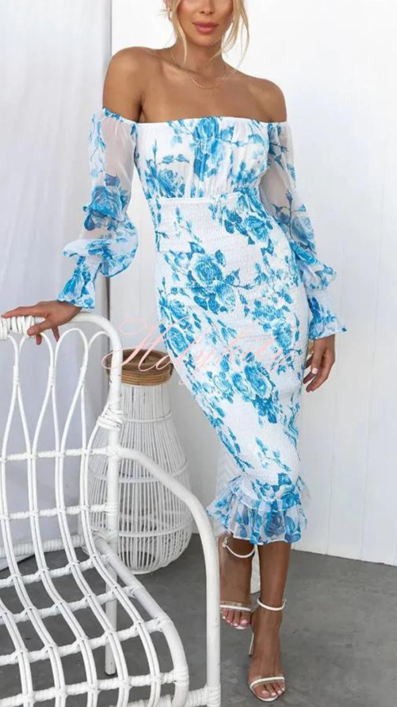 Women's Off-Shoulder Floral Bodycon Midi Dress with Puff Sleeves