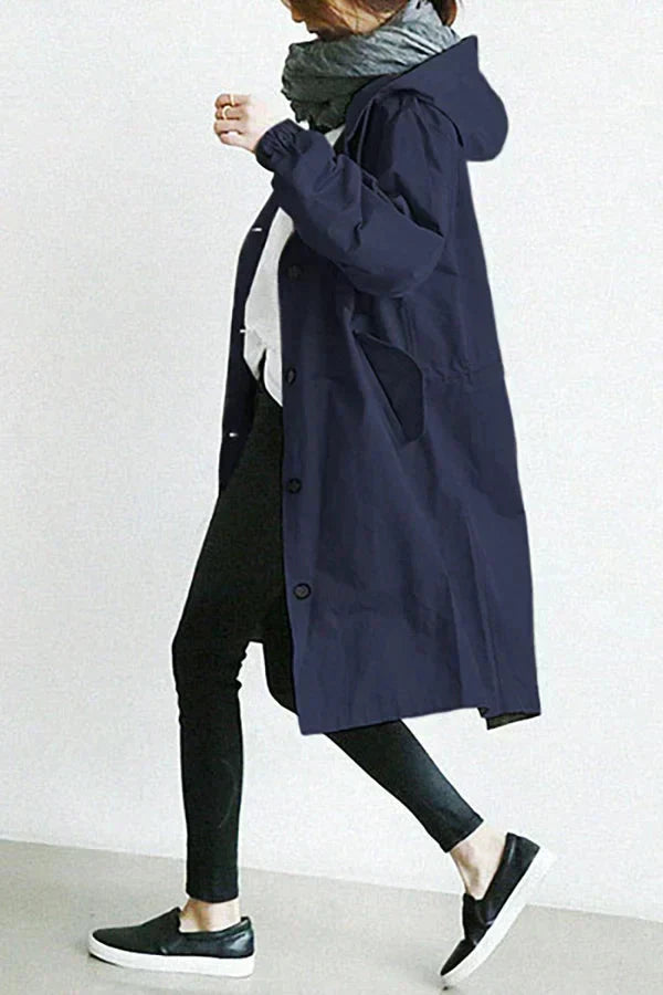Women's Oversized Rain Jacket with Hood Button Front and Pockets