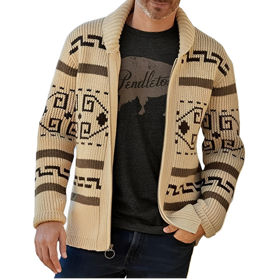 Men's Tribal Knit Zip-Up Cardigan with Shawl Collar and Patterned Design