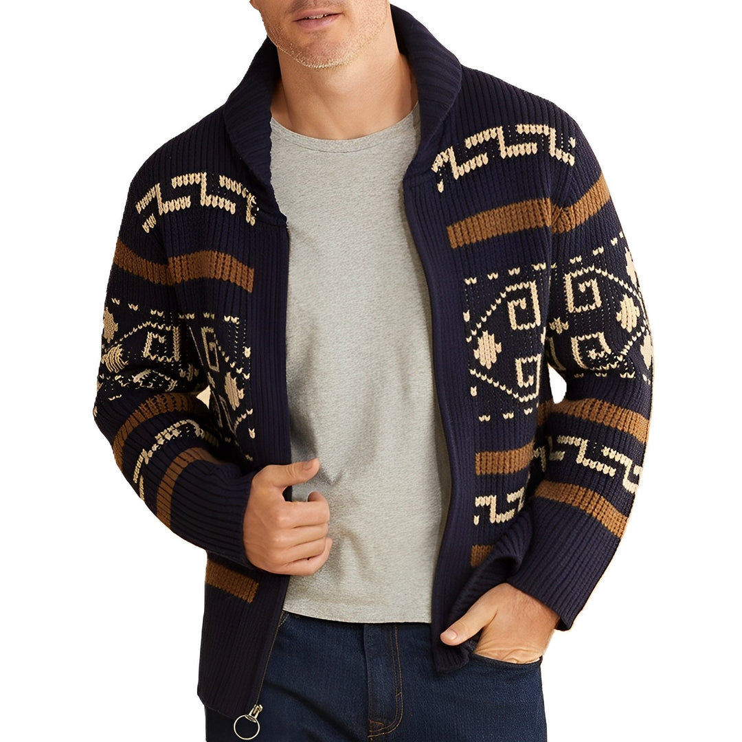 Men's Tribal Knit Zip-Up Cardigan with Shawl Collar and Patterned Design