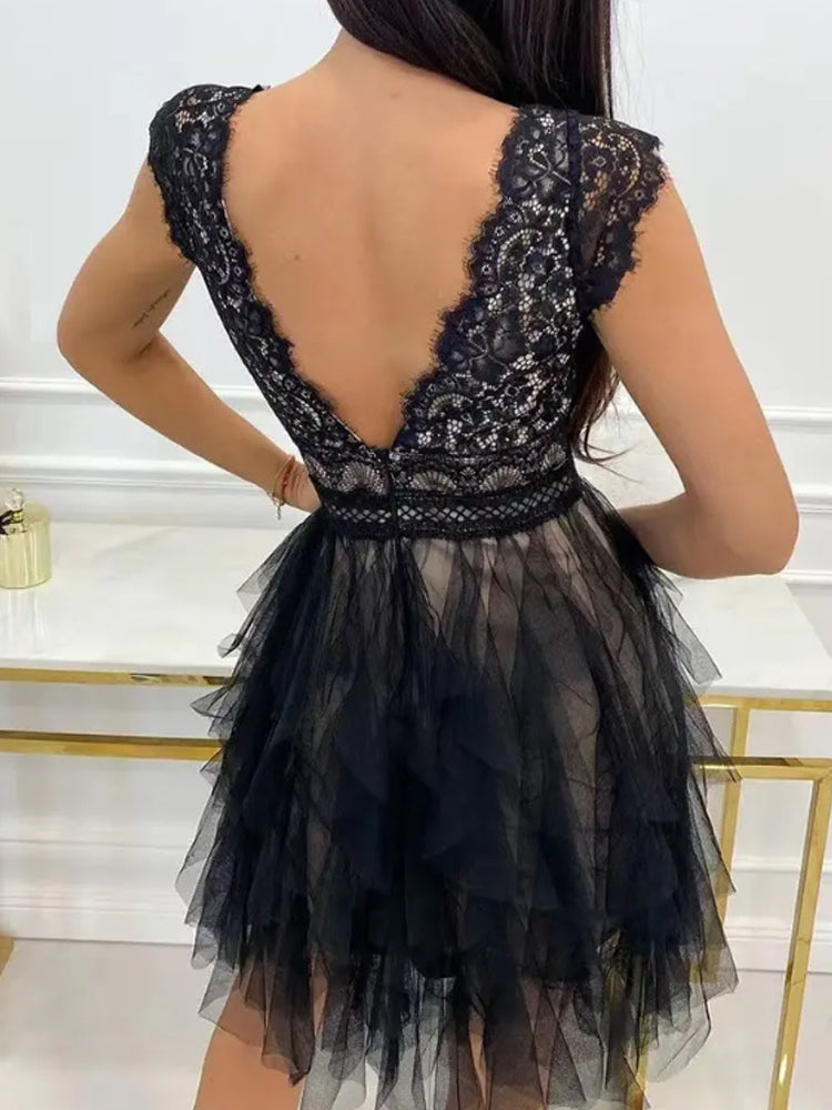Women's Ruffle Tulle Party Dress with Lace Bodice