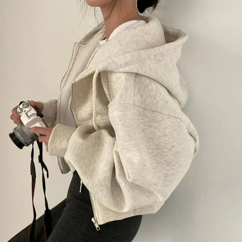 Women's Oversized Cropped Zip-Up Hoodie with Pockets