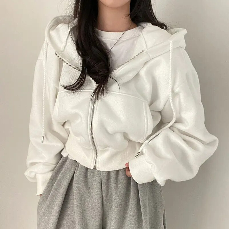 Women's Oversized Cropped Zip-Up Hoodie with Pockets
