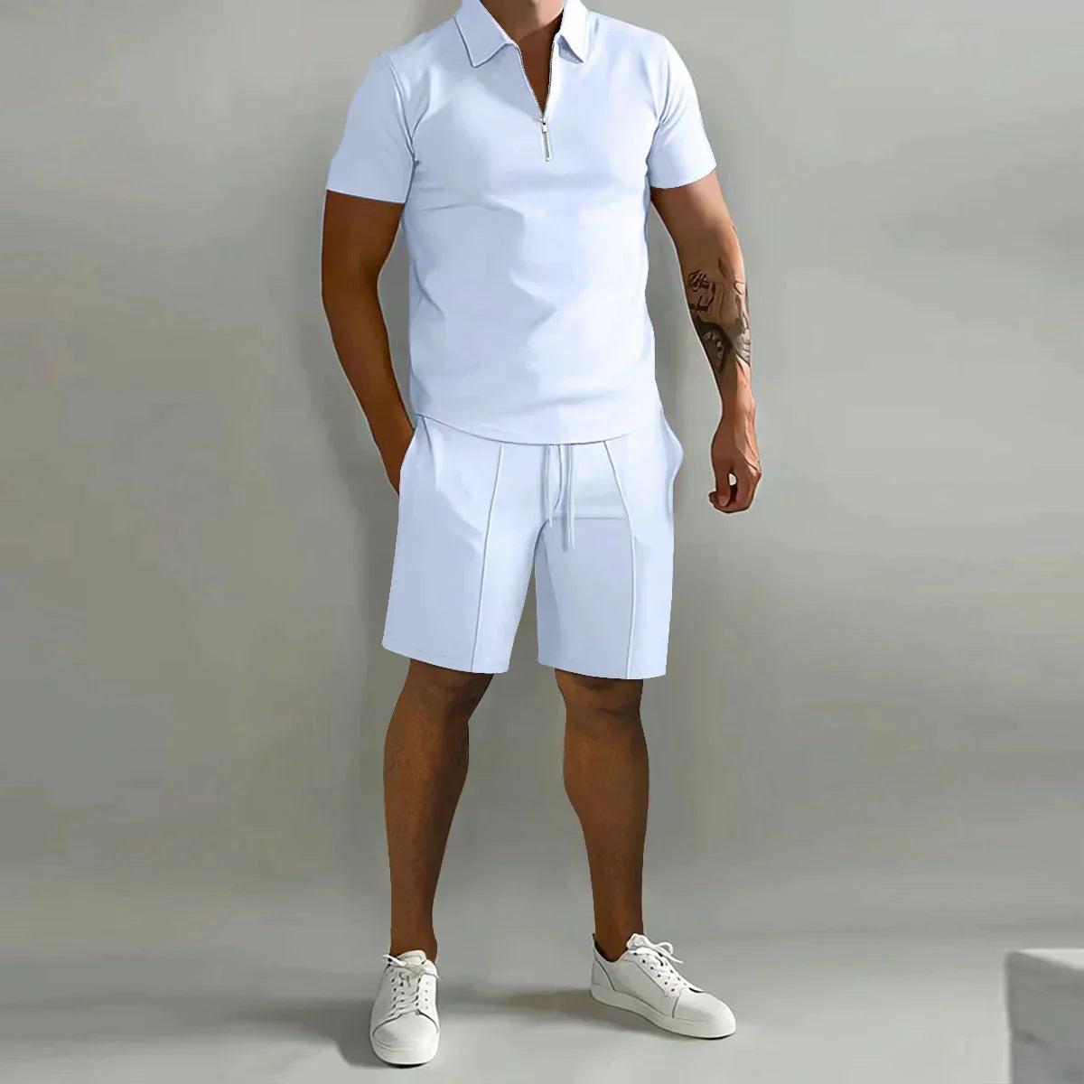 Men's Summer Two-Piece Set with Zipper Polo Shirt and Shorts