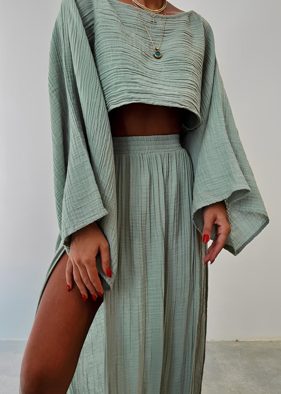 Women's Two-Piece Maxi Skirt Set with Slit and Flowy Crop Top