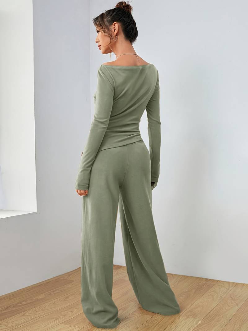 Women's Casual Long Sleeve Shirt and Wide-Leg Pants Set