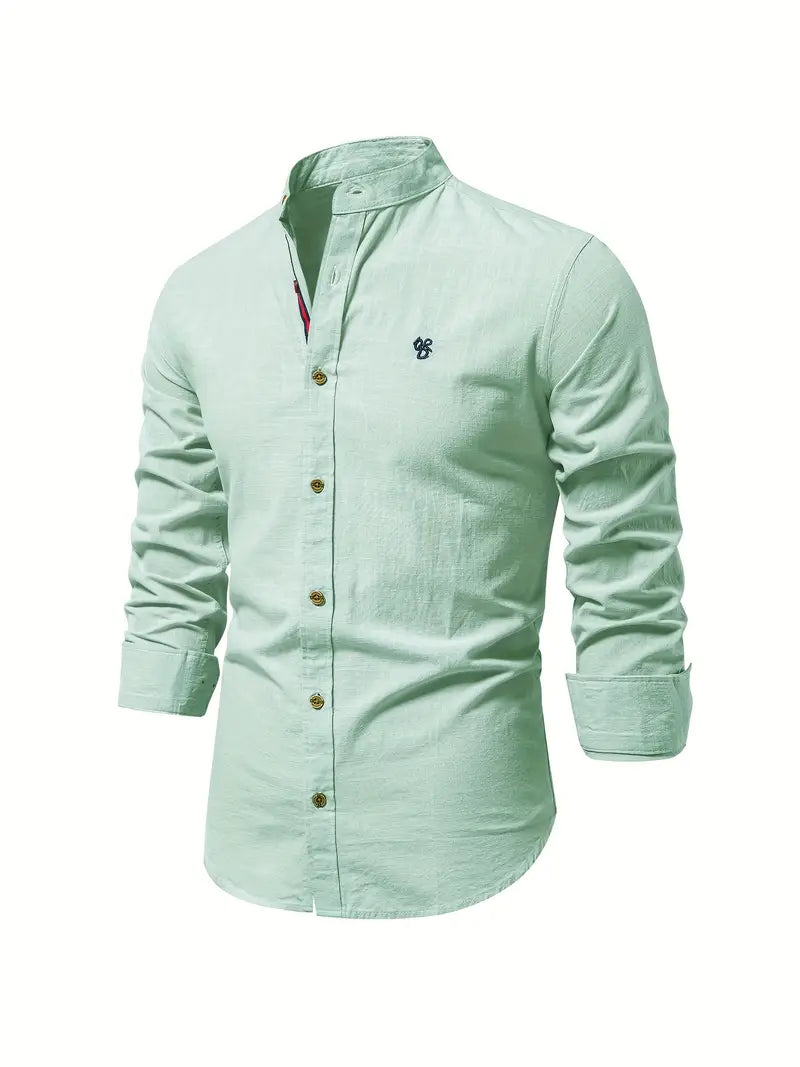 Men's Long-Sleeve Button-Up Shirt with Mandarin Collar and Logo